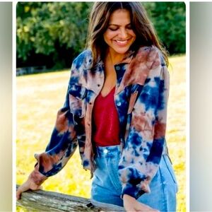 Natural Life Laney Navy & Rust Tie-Dye Trucker Sweatshirt Jacket L/XL